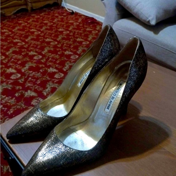 Manolo Blahnik Shimmer Glitter Pumps Gold Stiletto Heels Sz 38.5 :Made in Italy - Picture 3 of 5